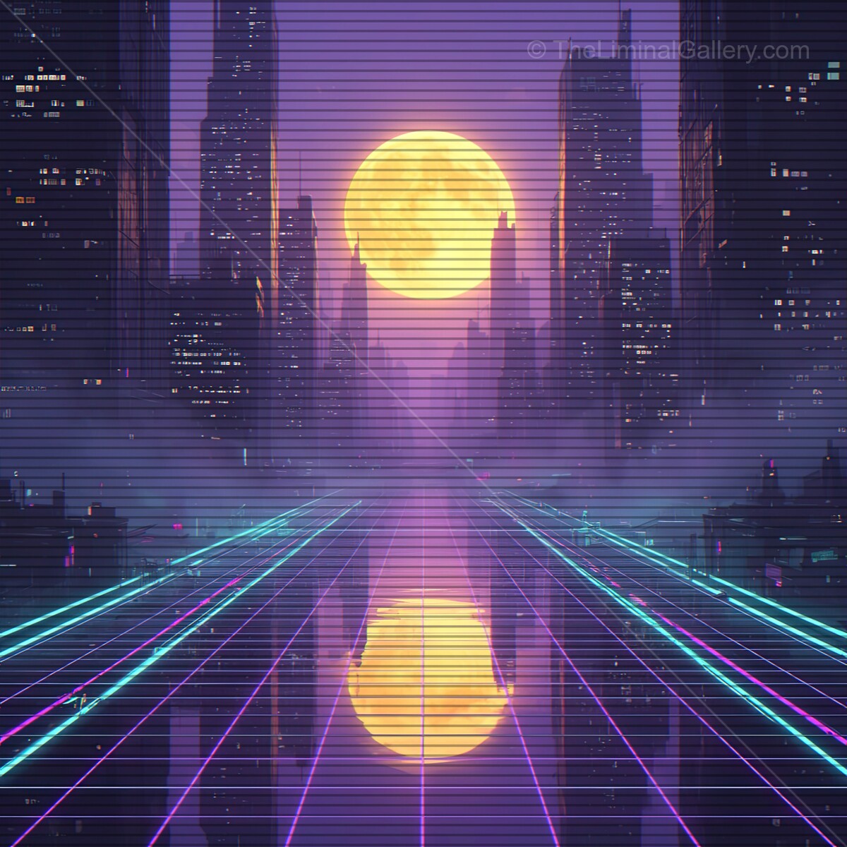 Neon reflections of a vibrant city under a glowing moon with synthwave vibes