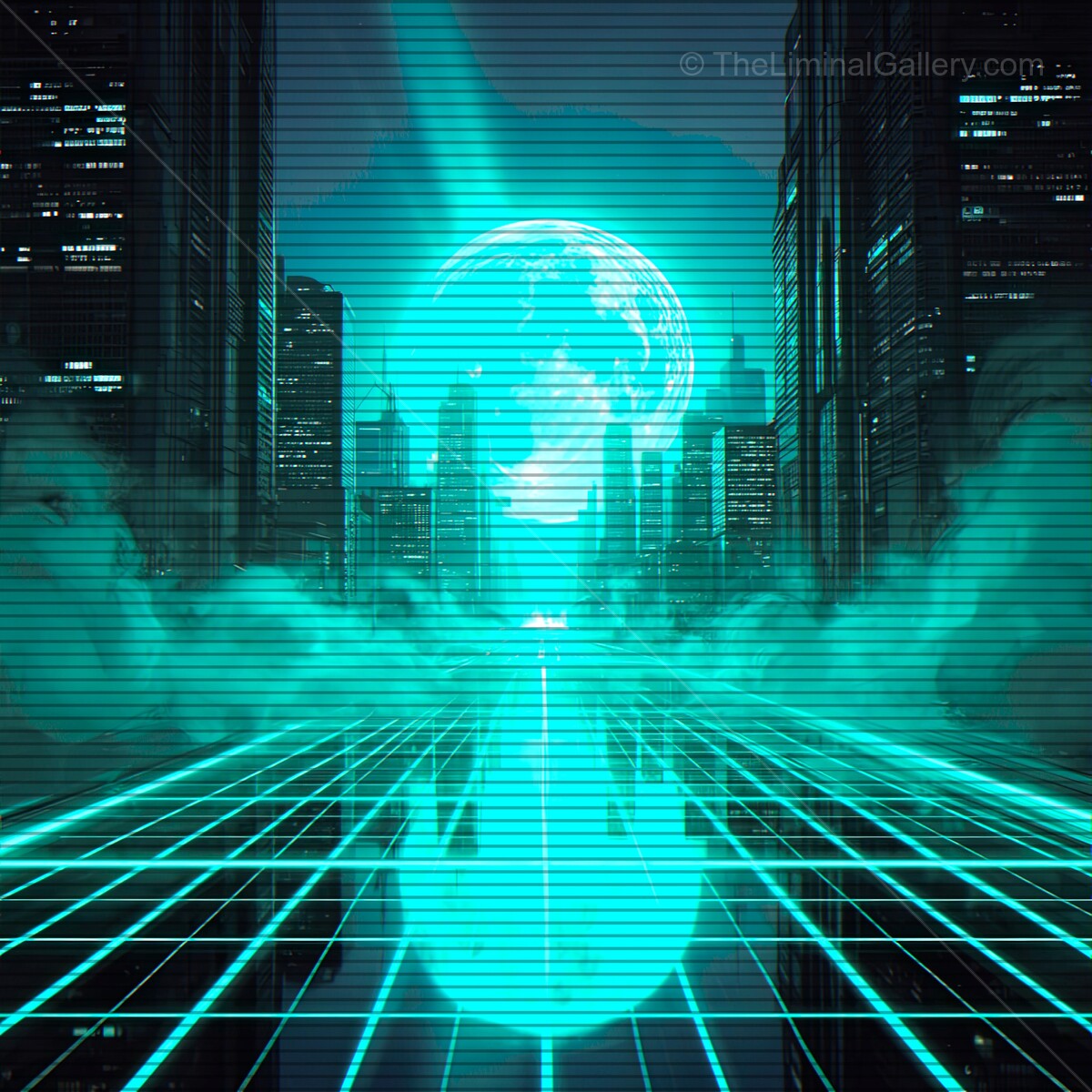 Neon cityscape with digital hologram glowing in the night sky above grid lines and mist