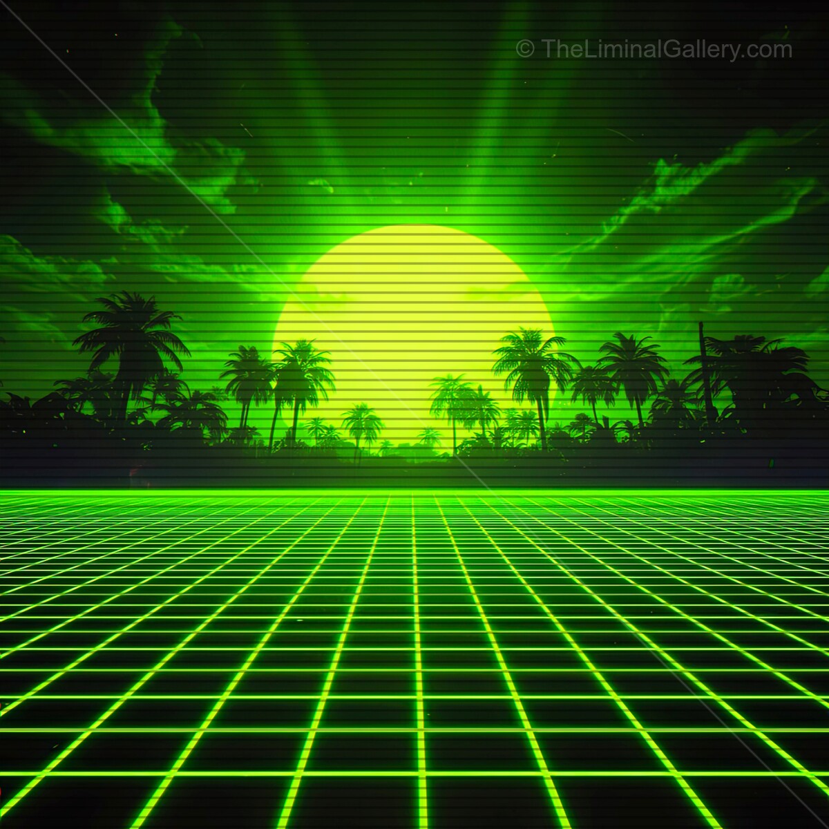 Vibrant synthwave landscape with neon grids and a glowing sun rising over palm trees