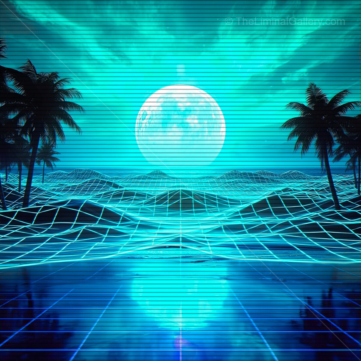 Vibrant neon horizons unveil a dreamlike synthwave landscape with VHS aesthetics