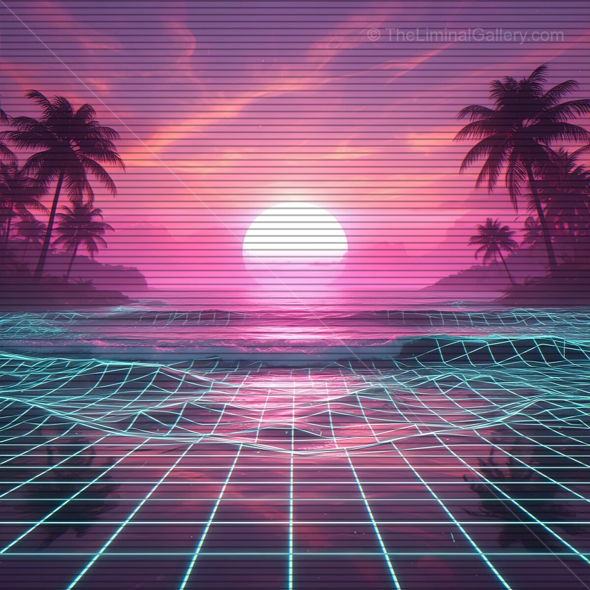 Neon sunset over tropical waters with retro synthwave vibes and digital grid reflections