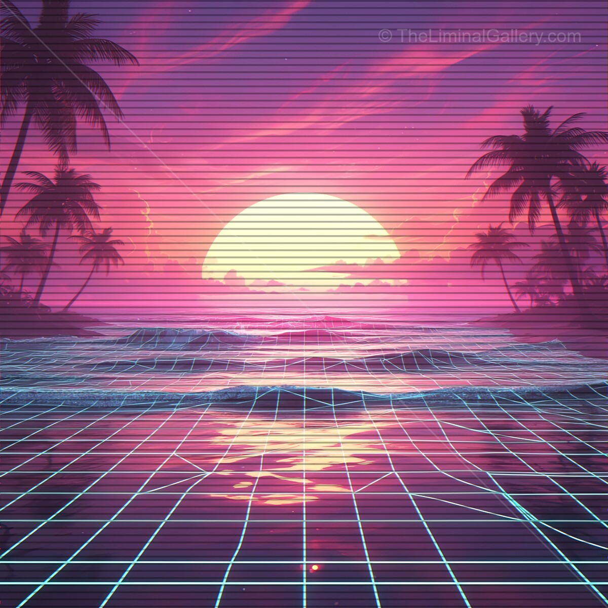 Vibrant synthwave sunset over tranquil ocean waves with retro VHS lines and palm silhouettes