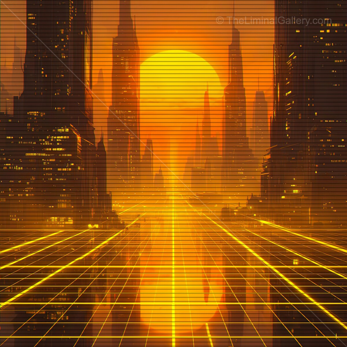 Futuristic city skyline bathed in sunset hues with retro grid and synthwave aesthetics