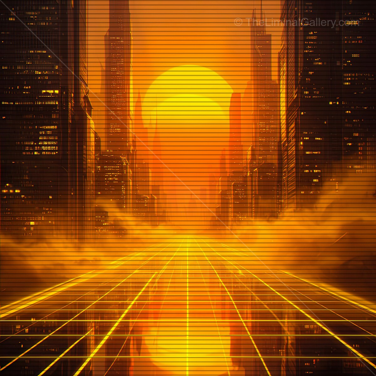 Escape into a vibrant synthwave world where the sun rises over digital cityscapes with VHS lines, creating a nostalgic retro-futuristic vibe