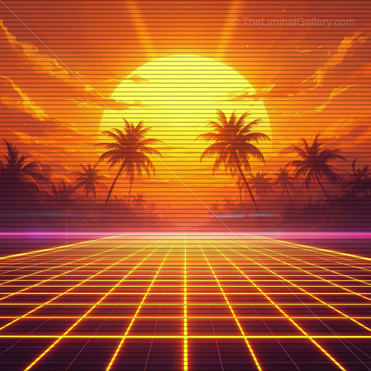 Futuristic sunset over palm trees with vibrant synthwave style and nostalgic VHS lines creating a dreamlike atmosphere