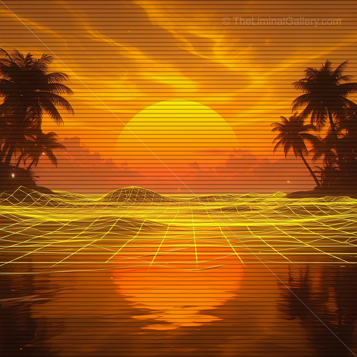 Vibrant sunsets over a tranquil ocean with synthwave vibes and retro VHS lines