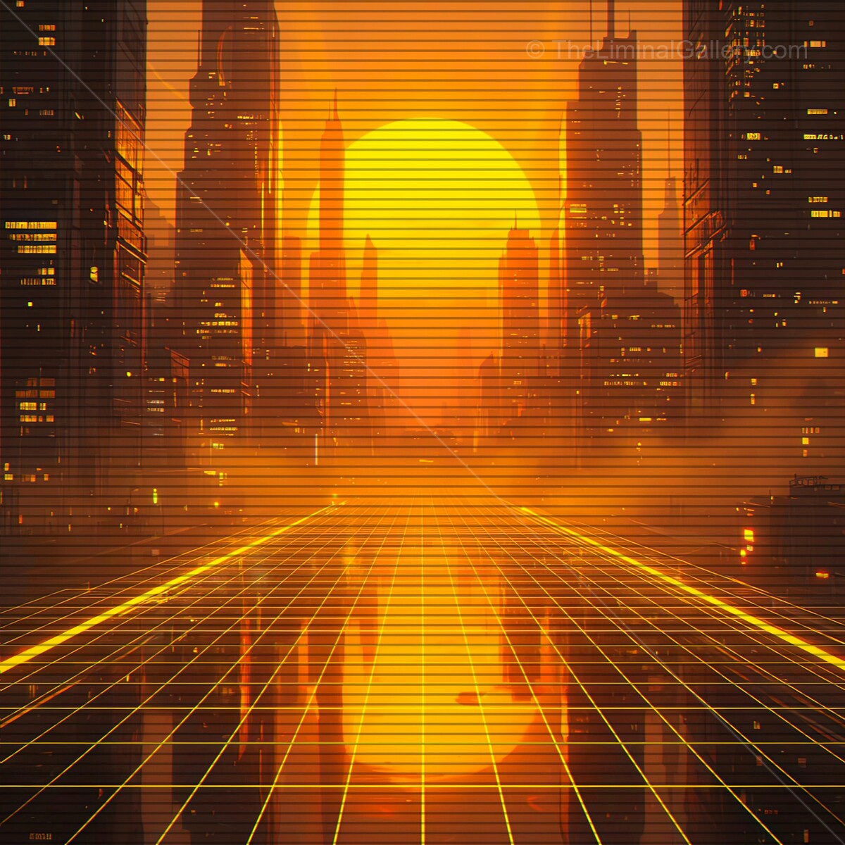 Vibrant synthwave skyline at sunset with retro VHS lines and glowing grid pattern