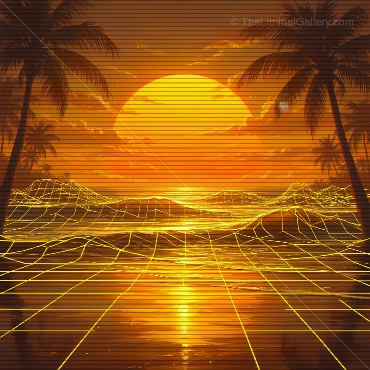 Vibrant sunset over a synthwave landscape with palm trees and dynamic VHS lines