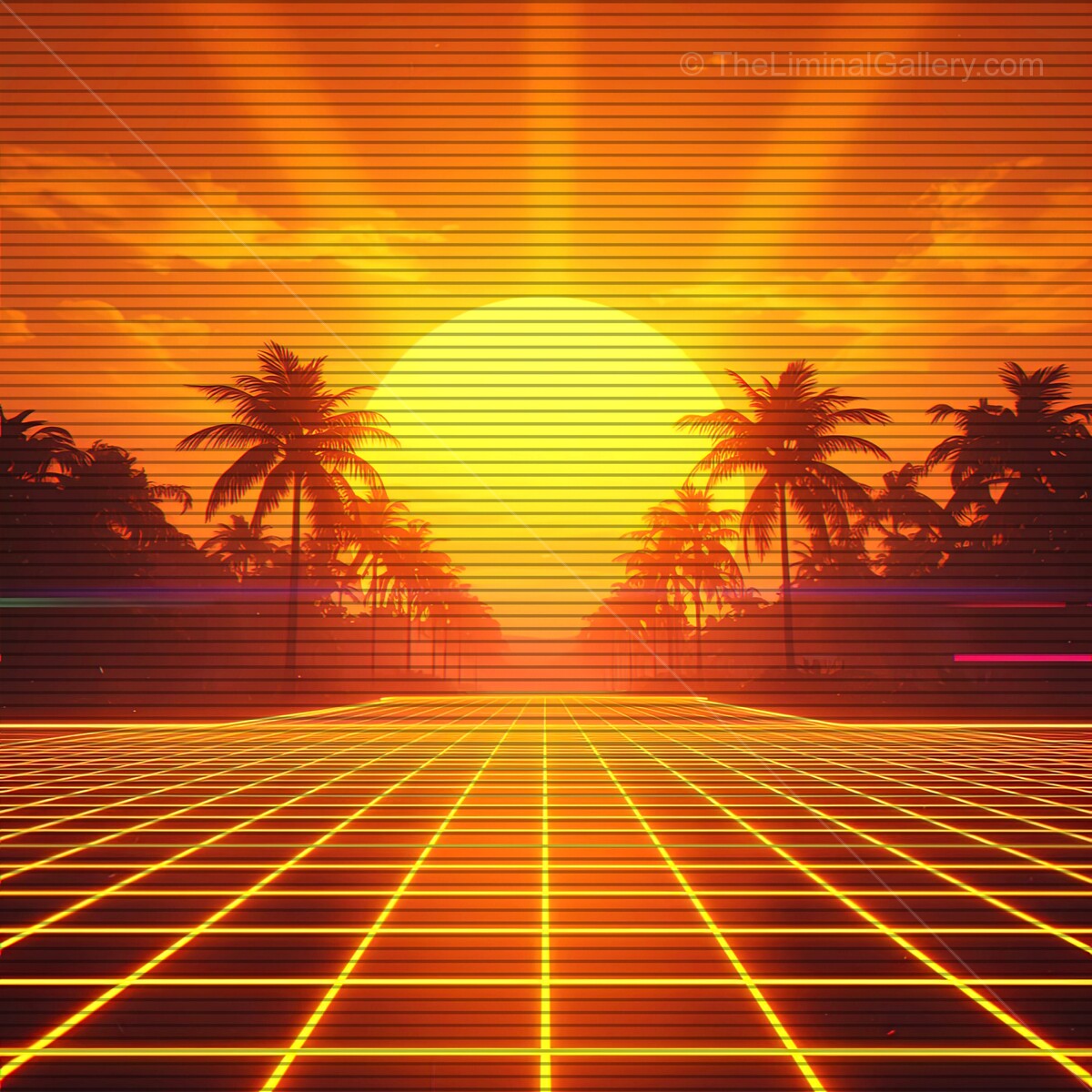 Vibrant sunset bathed in neon glow, framed by palm trees and gridlines, evoking a nostalgic synthwave vibe in a dreamy horizon