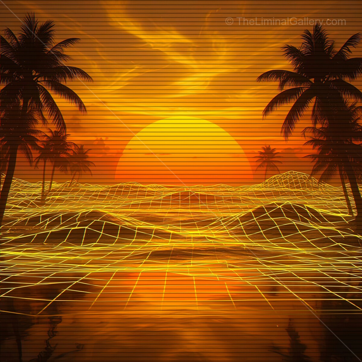 Vibrant sunset over a neon landscape with palm silhouettes and retro synthwave vibes