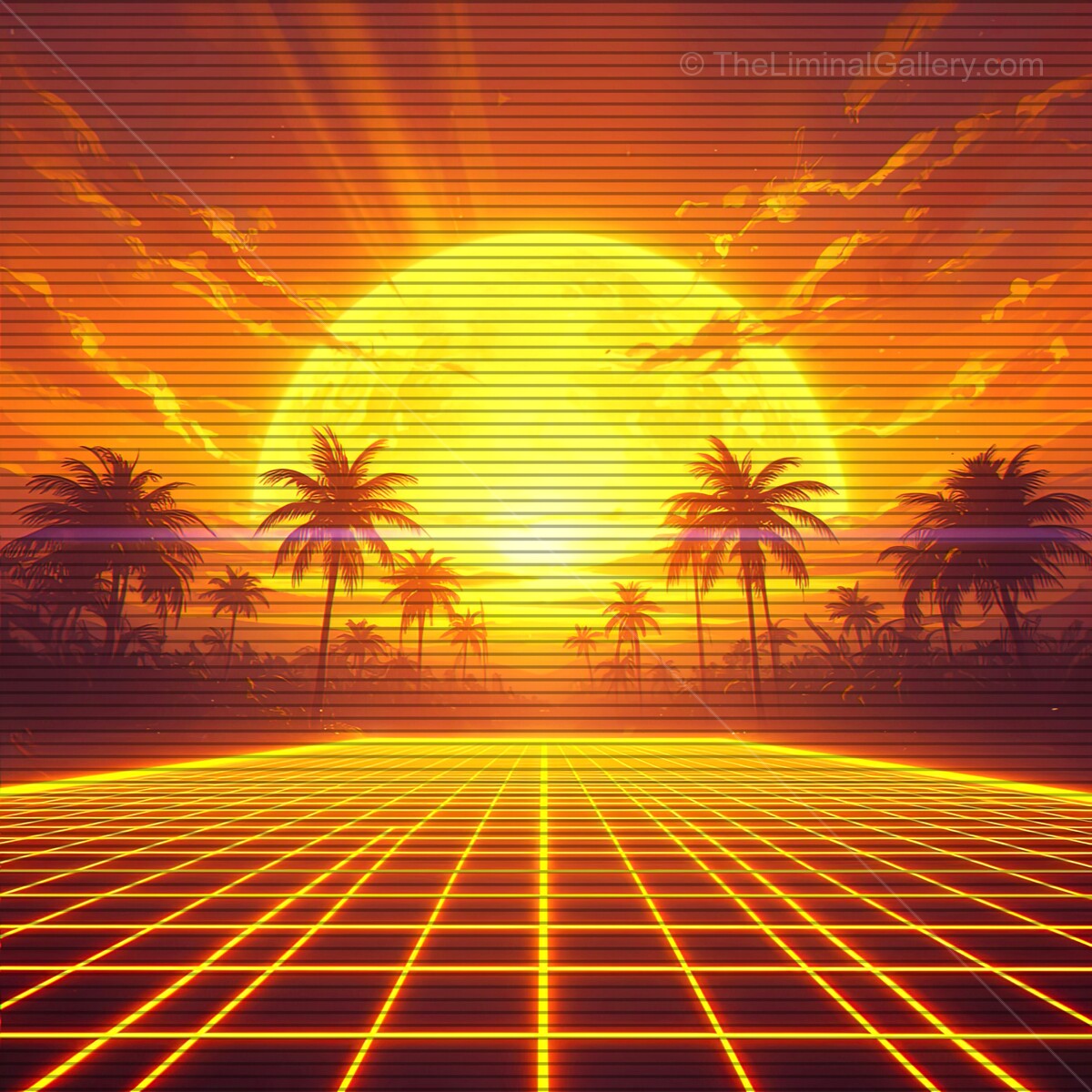 Breathtaking retro sunset with palm trees and neon grid on the horizon in a synthwave dreamscape