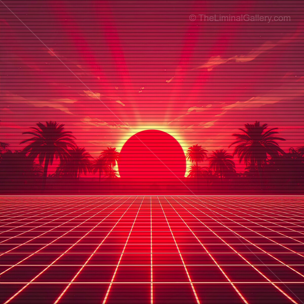 Vibrant sunset creates a dreamlike atmosphere with synthwave vibes and retro VHS lines, capturing a surreal horizon