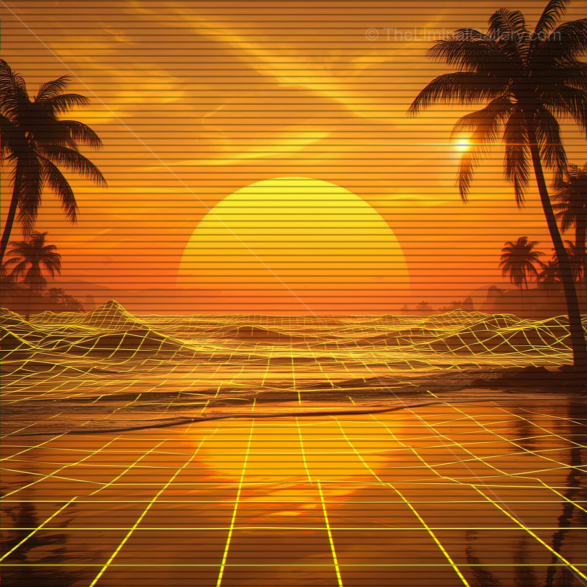 Dreamy sunset over retro waves with glowing grid and palm silhouettes in a vibrant synthwave style