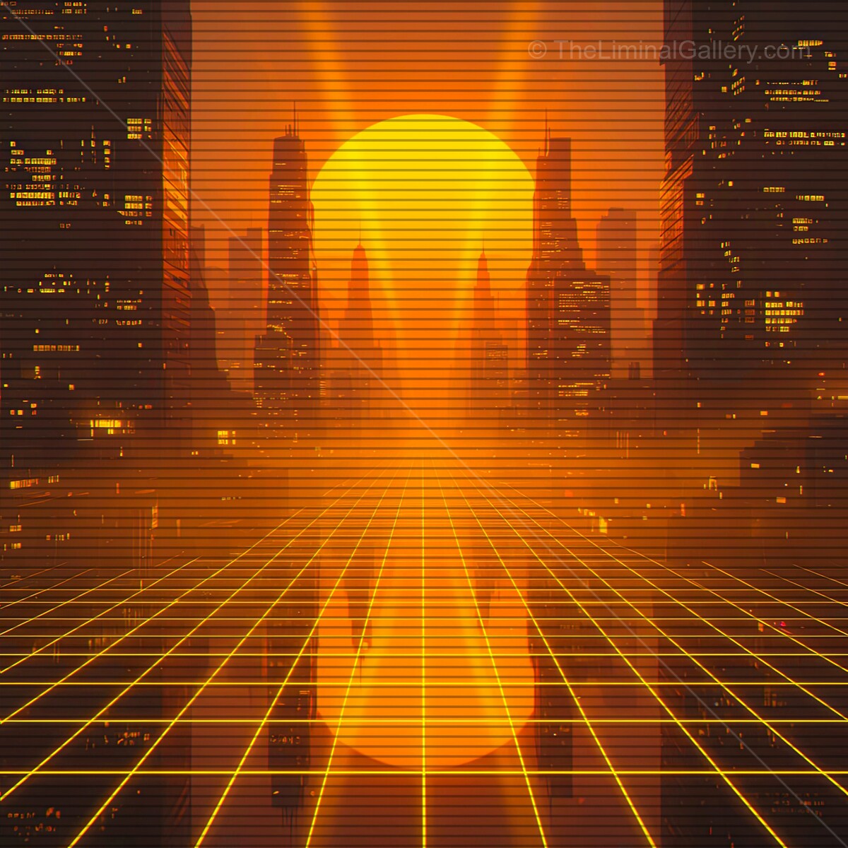 Vibrant synthwave skyline at sunset with retro VHS lines creating a nostalgic atmosphere