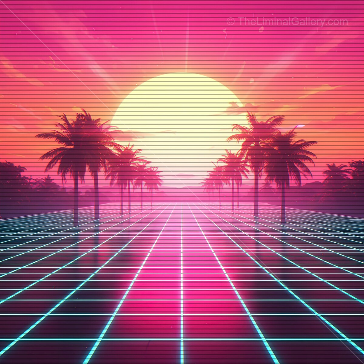 Vibrant synthwave landscape with palm trees and a stunning sunset horizon