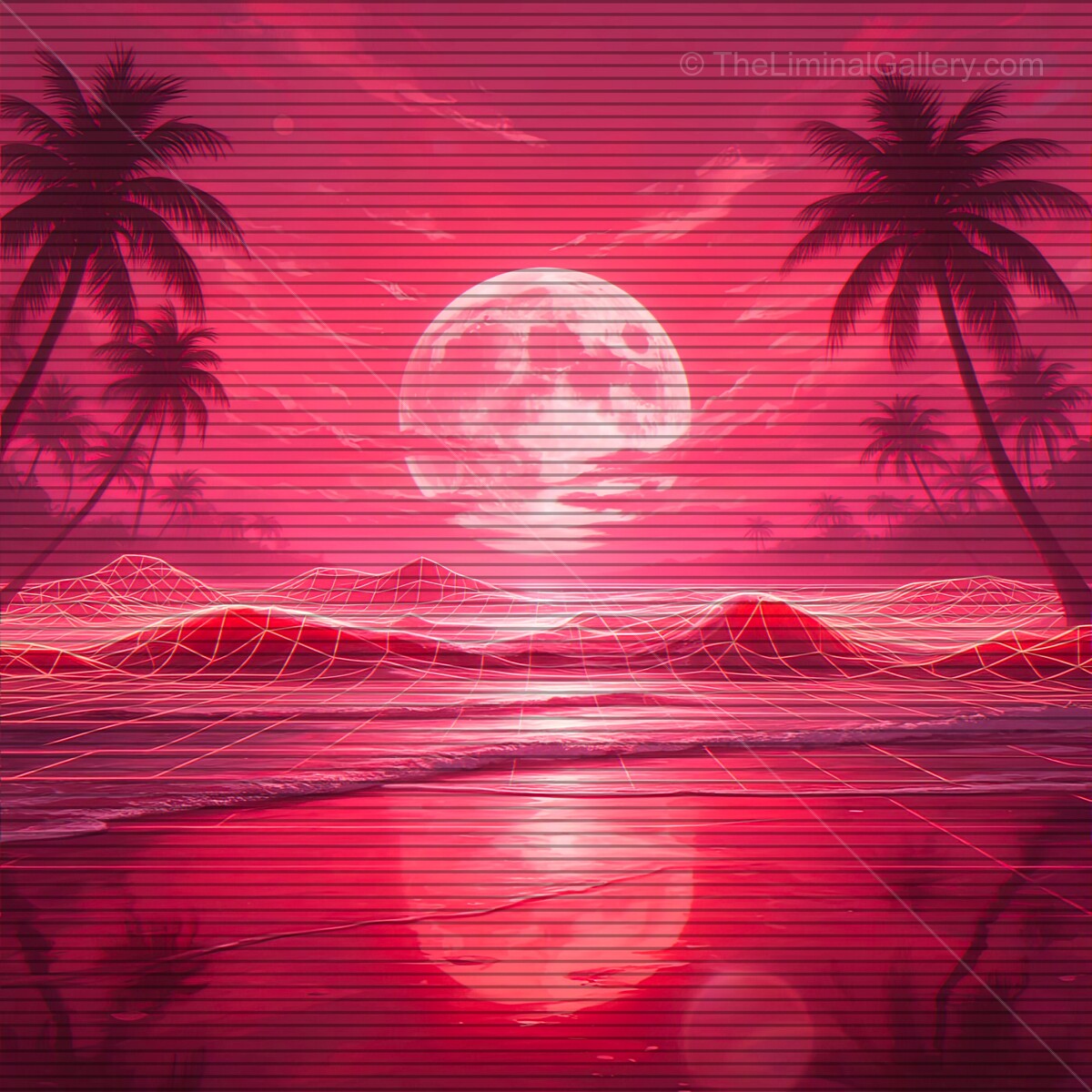 Vibrant synthwave horizon meets retro vibes at a serene beach under a glowing moon