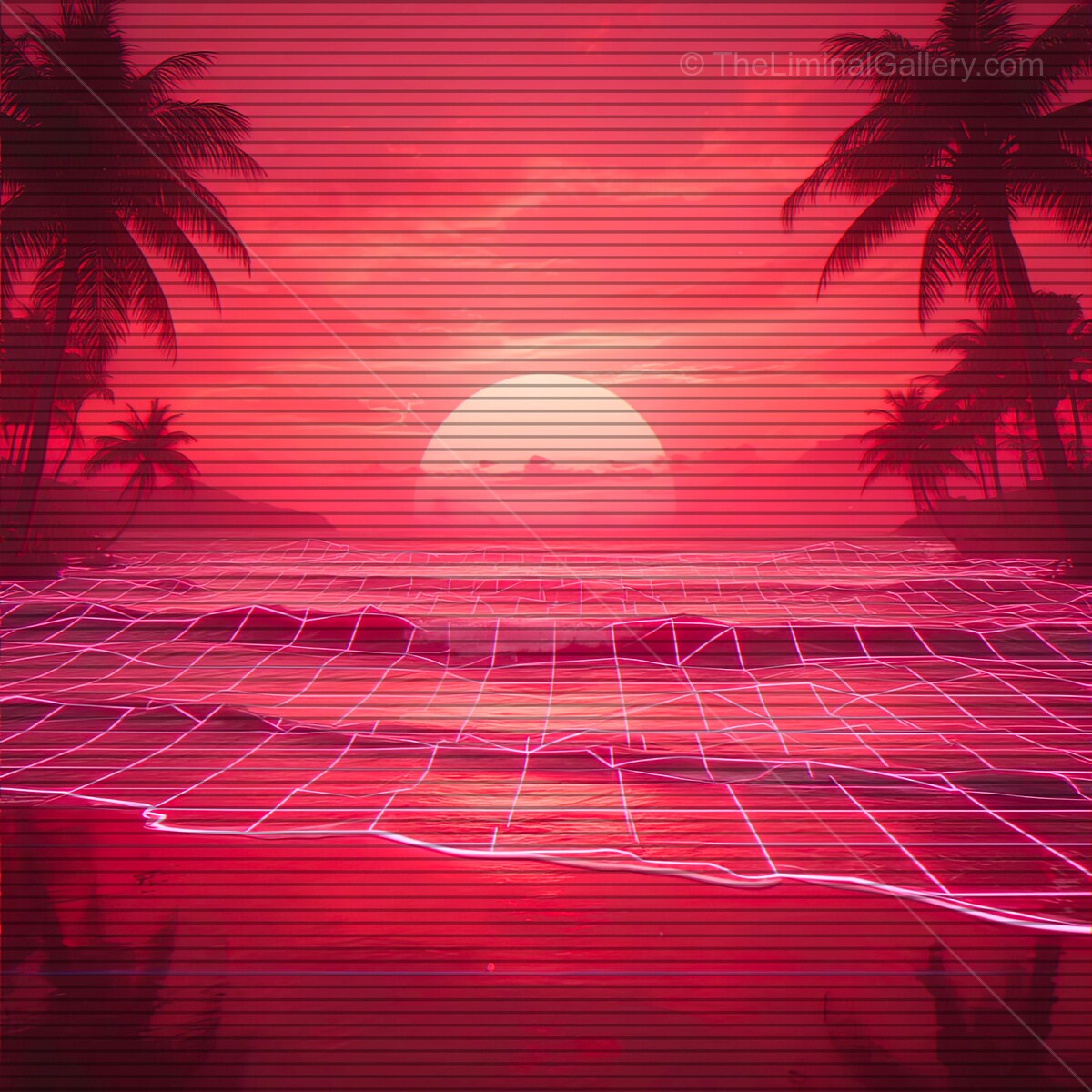 Vibrant sunset over a retro synthwave beach with neon horizons and palm trees dancing in the twilight