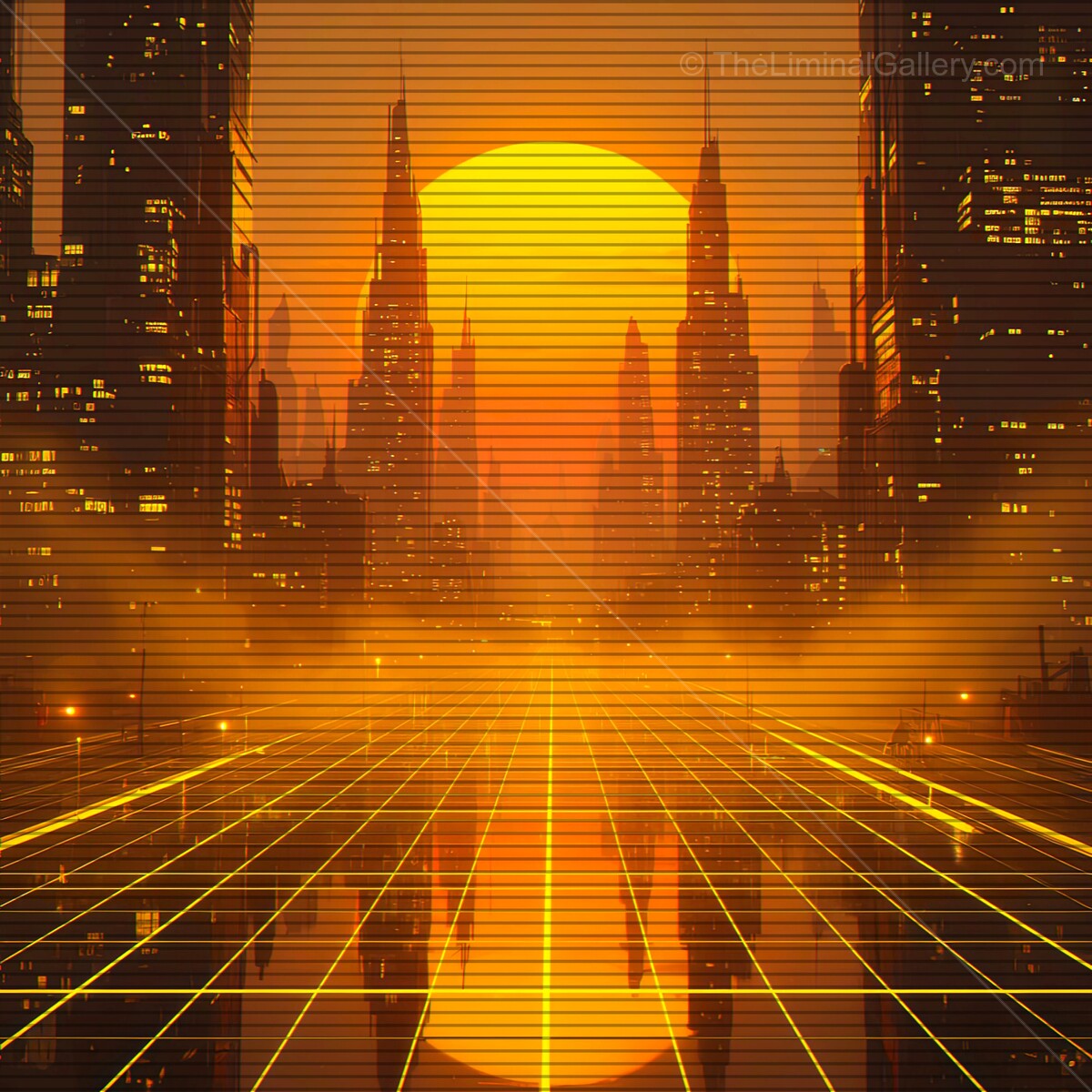 Energizing pink and orange sunset casts a nostalgic glow over a futuristic cityscape with gridlines and VHS vibes