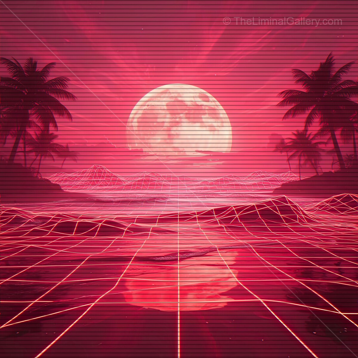 Vibrant pink sunset illuminates a retro landscape with synthwave vibes and VHS lines deep in a tropical paradise