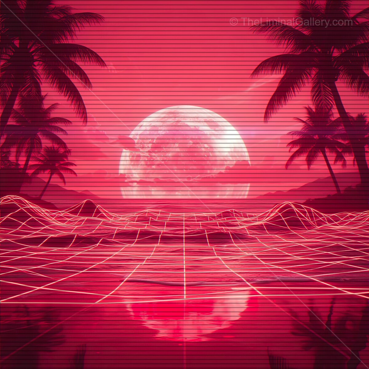 Journey through a vibrant synthwave landscape under a glowing moon and palm trees at dusk