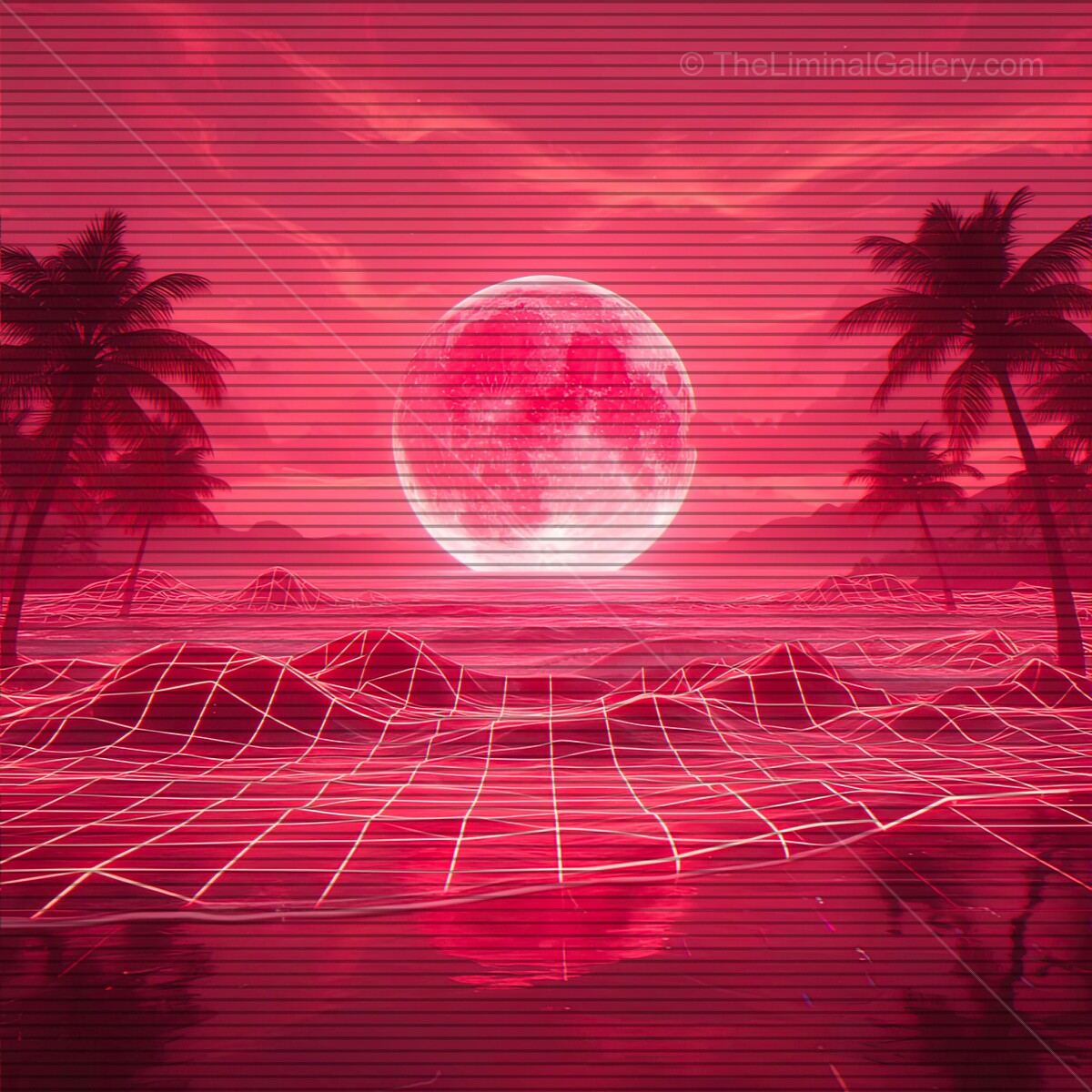 Vibrant synthwave landscape with neon pink moon and futuristic vibes