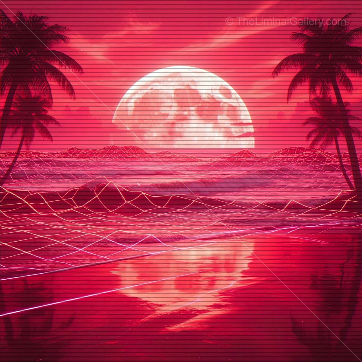 Vibrant neon sunset over a synthwave ocean with palm trees and dreamy VHS lines