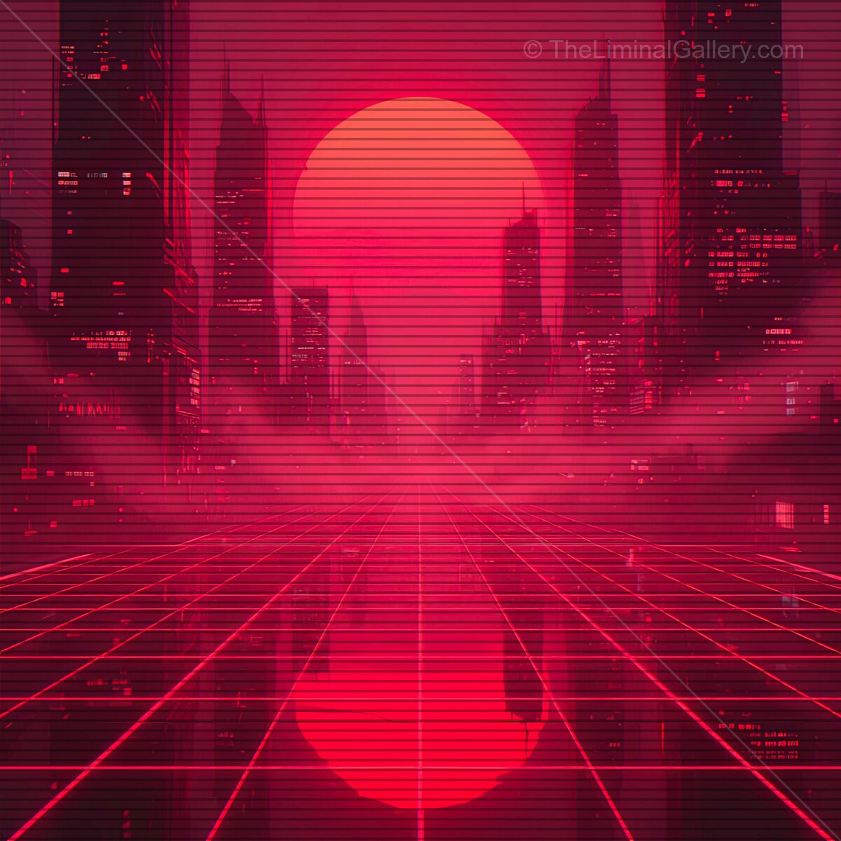 Bright neon sunset casts a retro vibe over futuristic city skyline with synthwave style