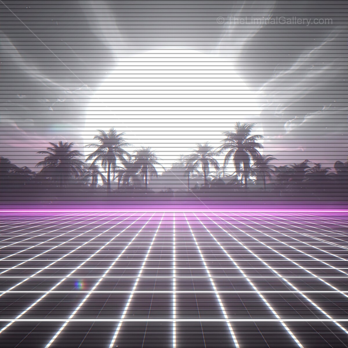 Vibrant synthwave sunset over a palm tree horizon with classic VHS lines creating a nostalgic atmosphere