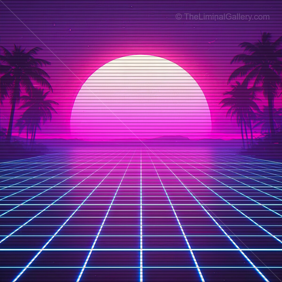 Vivid retro sunset blending synthwave colors over a tranquil ocean with 80s inspired grid and palm trees in a surreal landscape