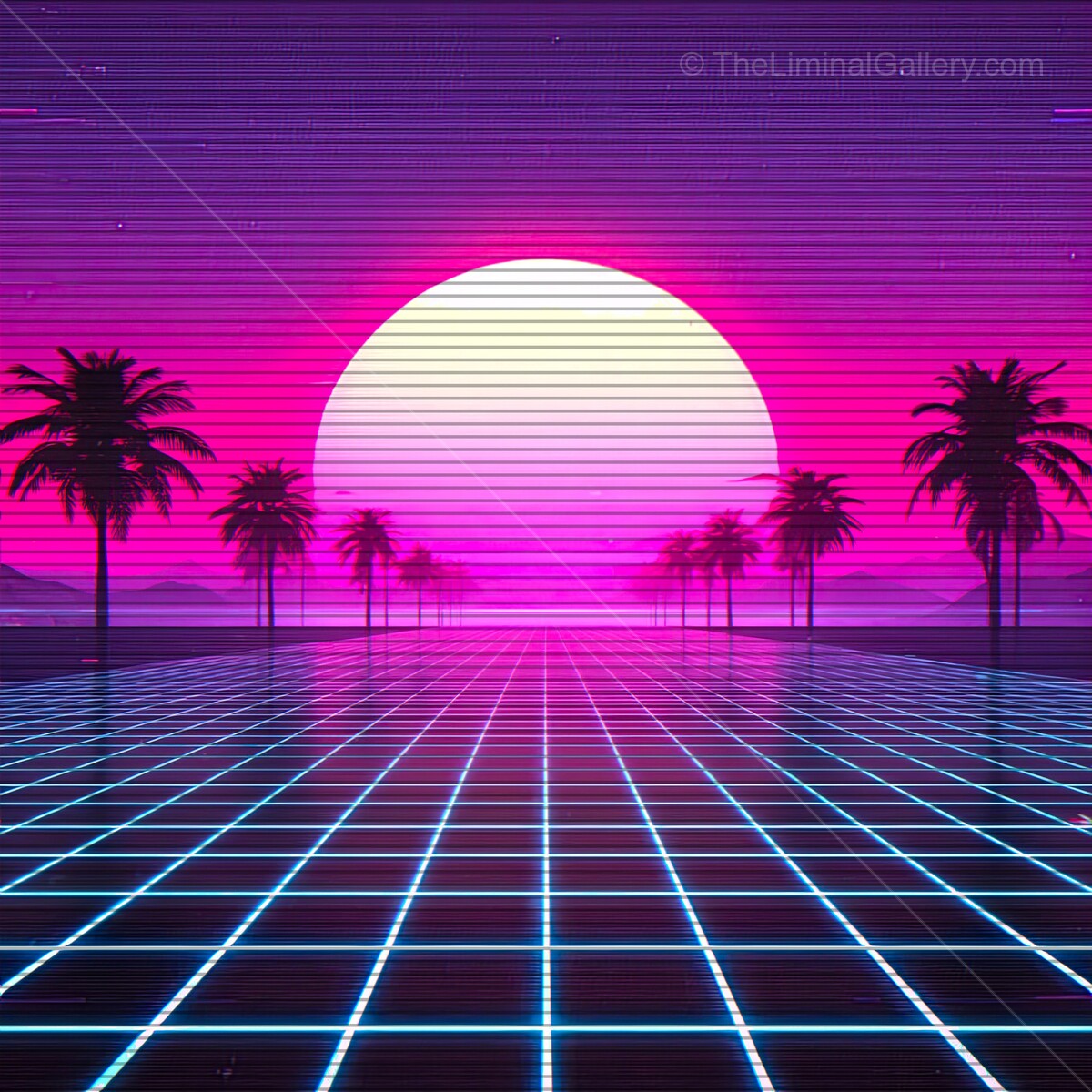 Vibrant sunset over a neon grid landscape with palm trees under a synthwave sky