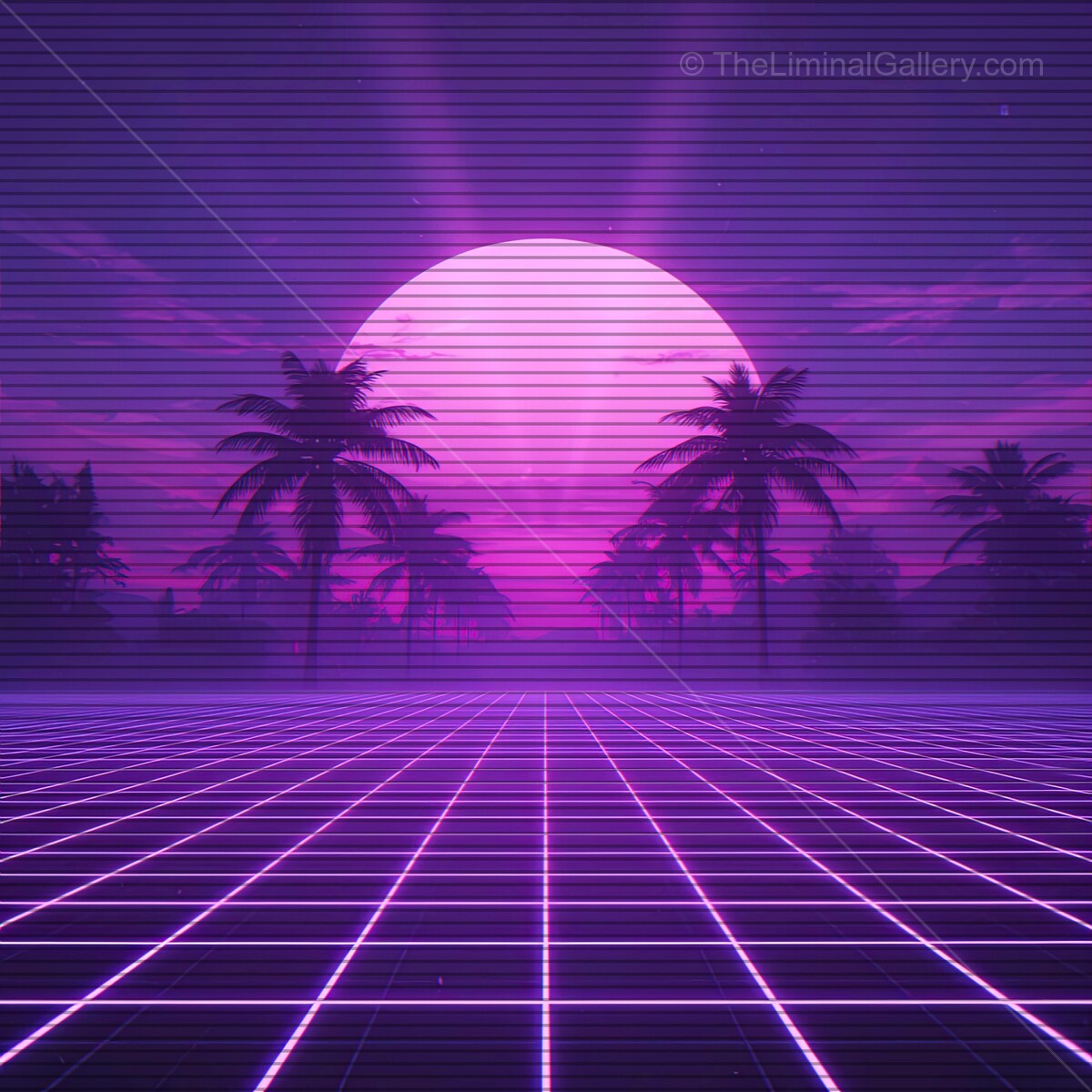 Vibrant synthwave landscape featuring a glowing horizon under a retro purple sky with palm trees