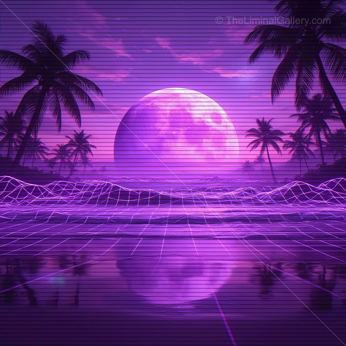 Sunset over neon shores with palm silhouettes and retro waves in a synthwave horizon