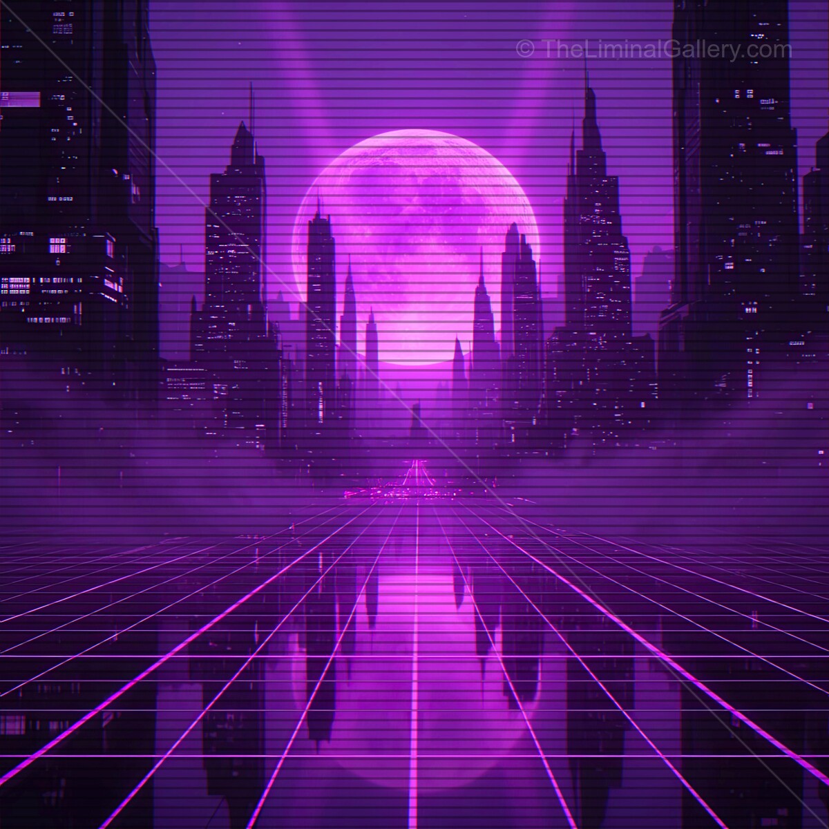 Explore a vibrant synthwave city under a neon-lit moon with VHS lines glowing across the horizon