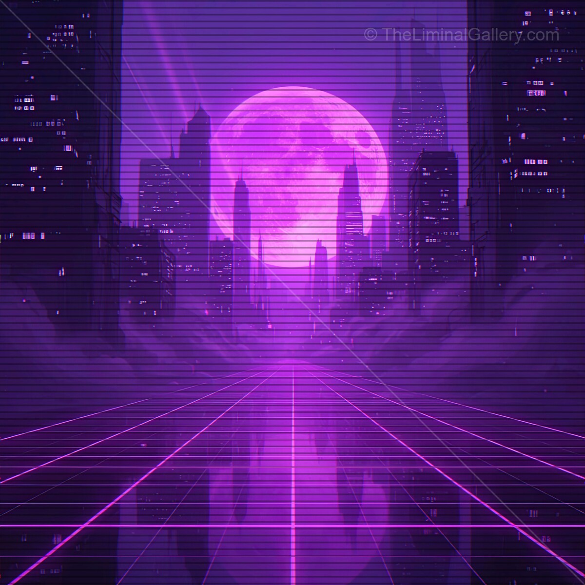 Vibrant synthwave cityscape with full moon reflecting on futuristic grid under VHS lines