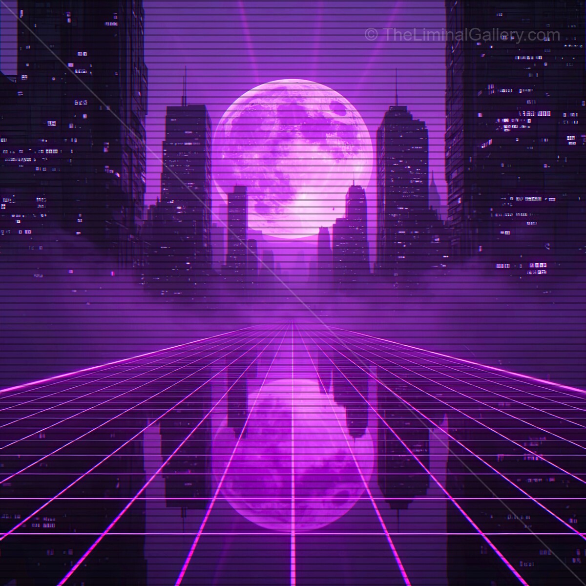 Vivid purple moon rises over a glowing grid amidst towering synthwave cityscape