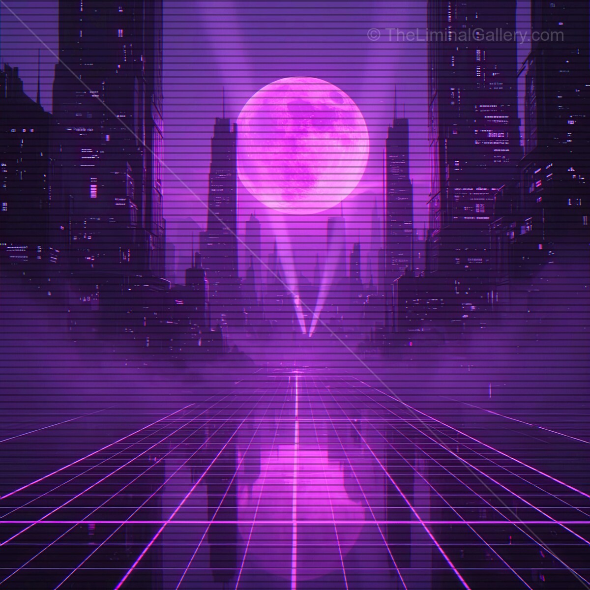 Unveiling a vibrant retro-futuristic skyline under a glowing purple moon in a synthwave dreamscape at twilight