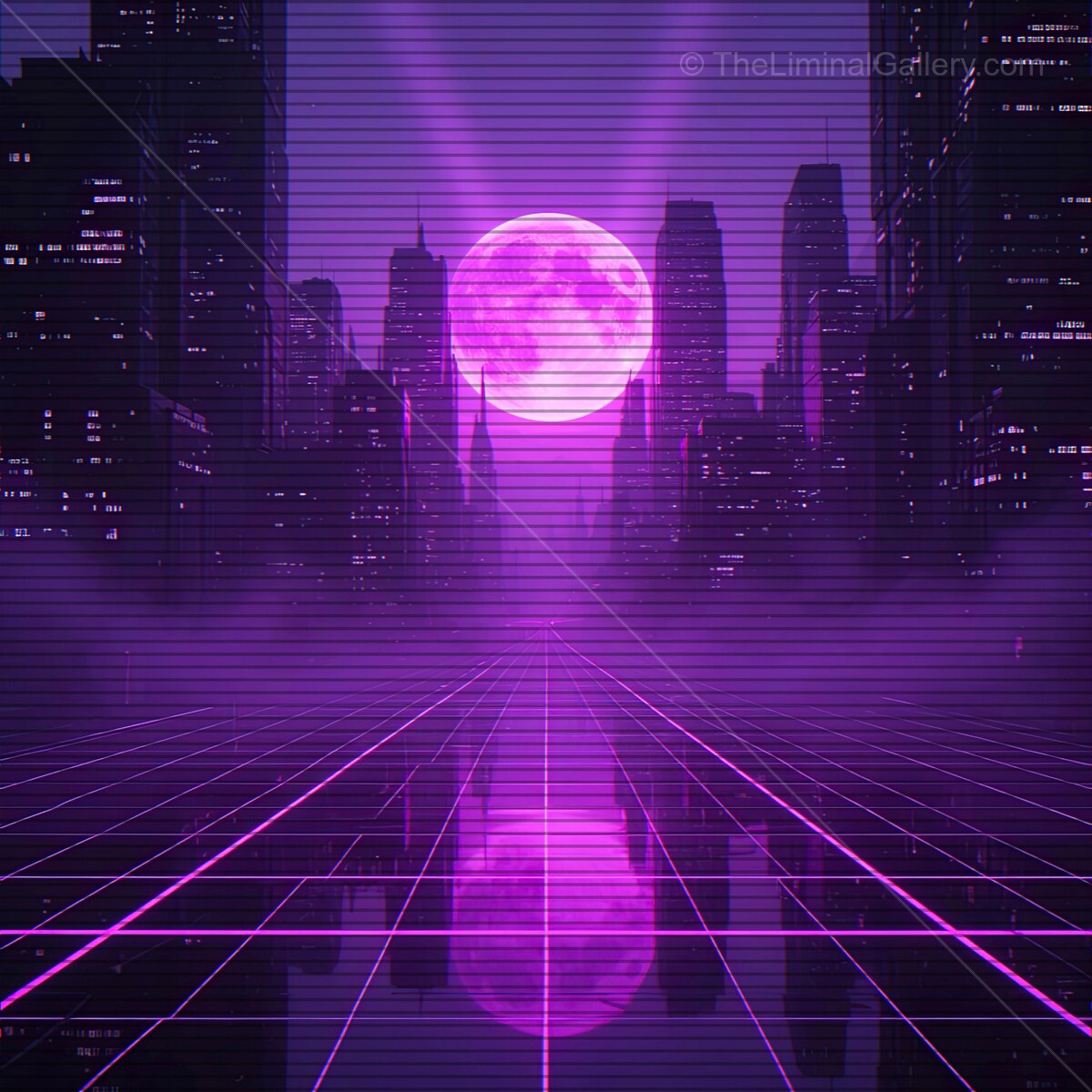 Glistening neon cityscape under a glowing moon in a retro synthwave style at twilight