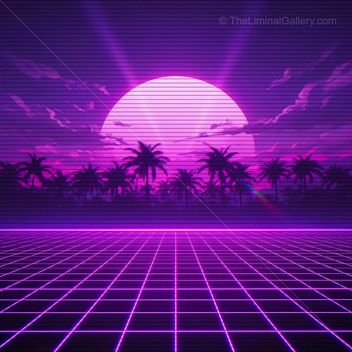 Stunning synthwave horizon with vibrant colors and retro vibes amidst palm trees and a bright sunset