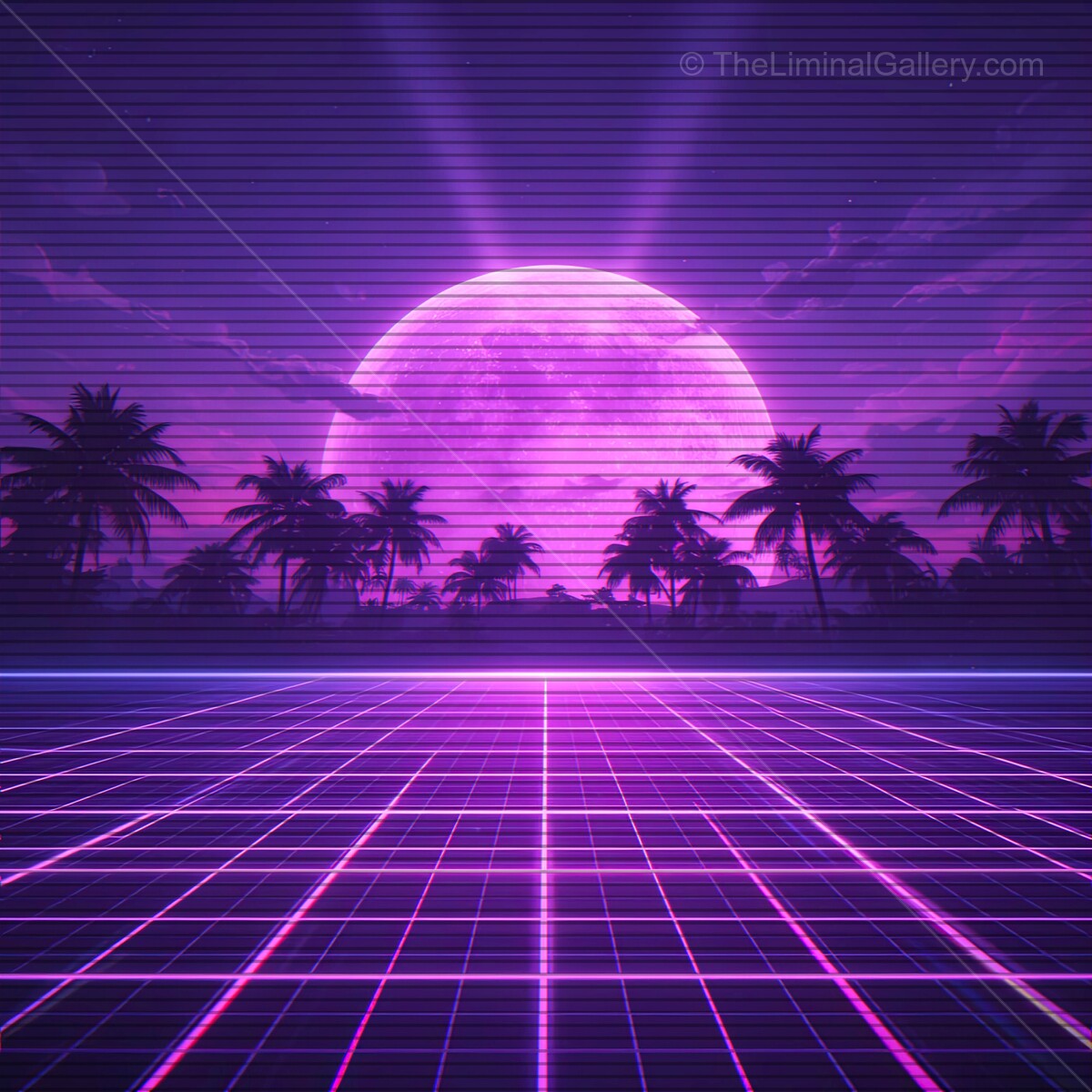 Vibrant neon sunset casts a dreamlike glow over a futuristic landscape with VHS lines and palm trees