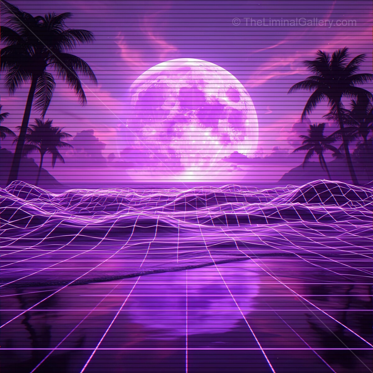 Vibrant synthwave landscape with purple moon and retro grid under palm trees at dusk