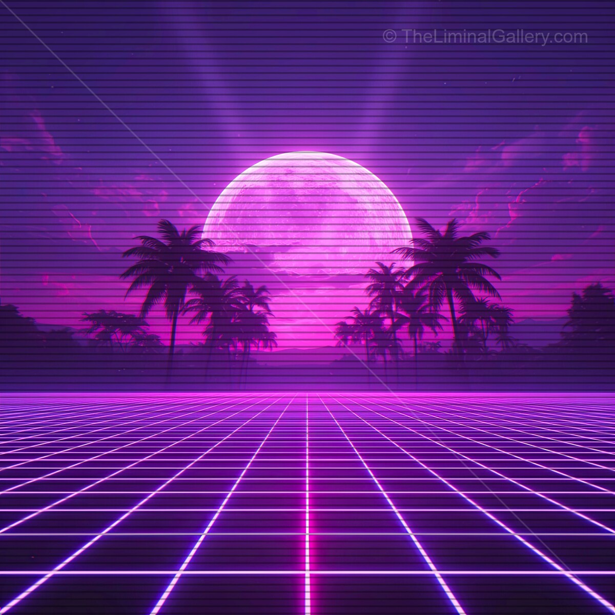 Vibrant synthwave landscape with retro VHS lines under a glowing moon