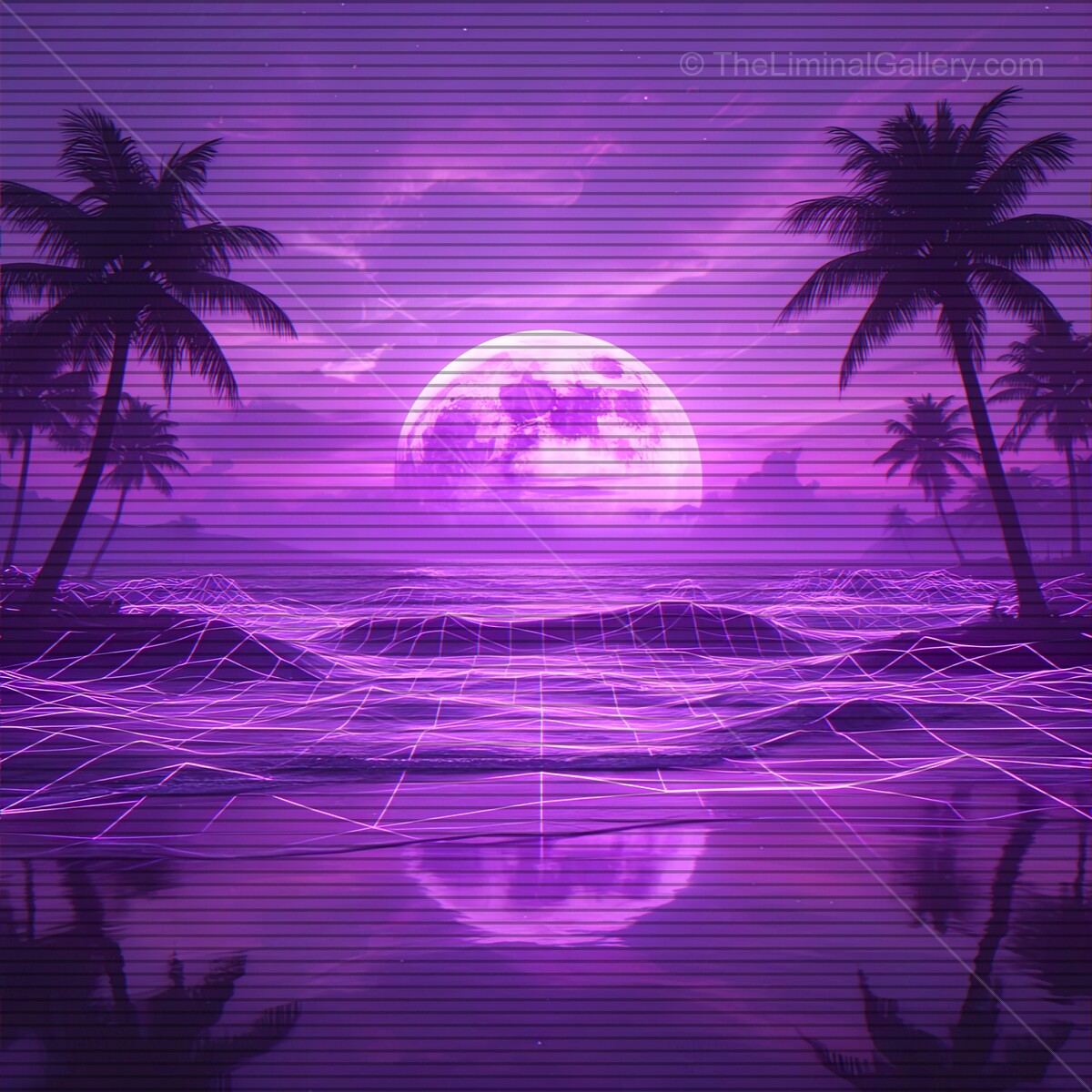 Vibrant synthwave horizon bathed in purple hues with VHS lines and palm trees silhouetted against a glowing moon