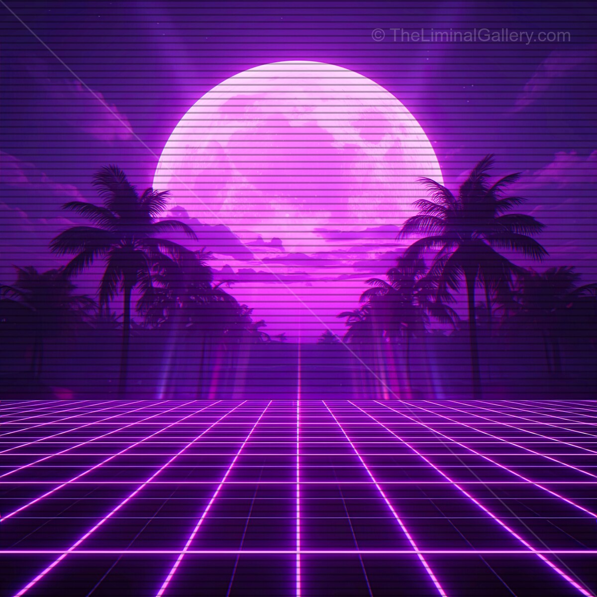 Dancing with neon dreams under a glowing moon at a vibrant synthwave horizon