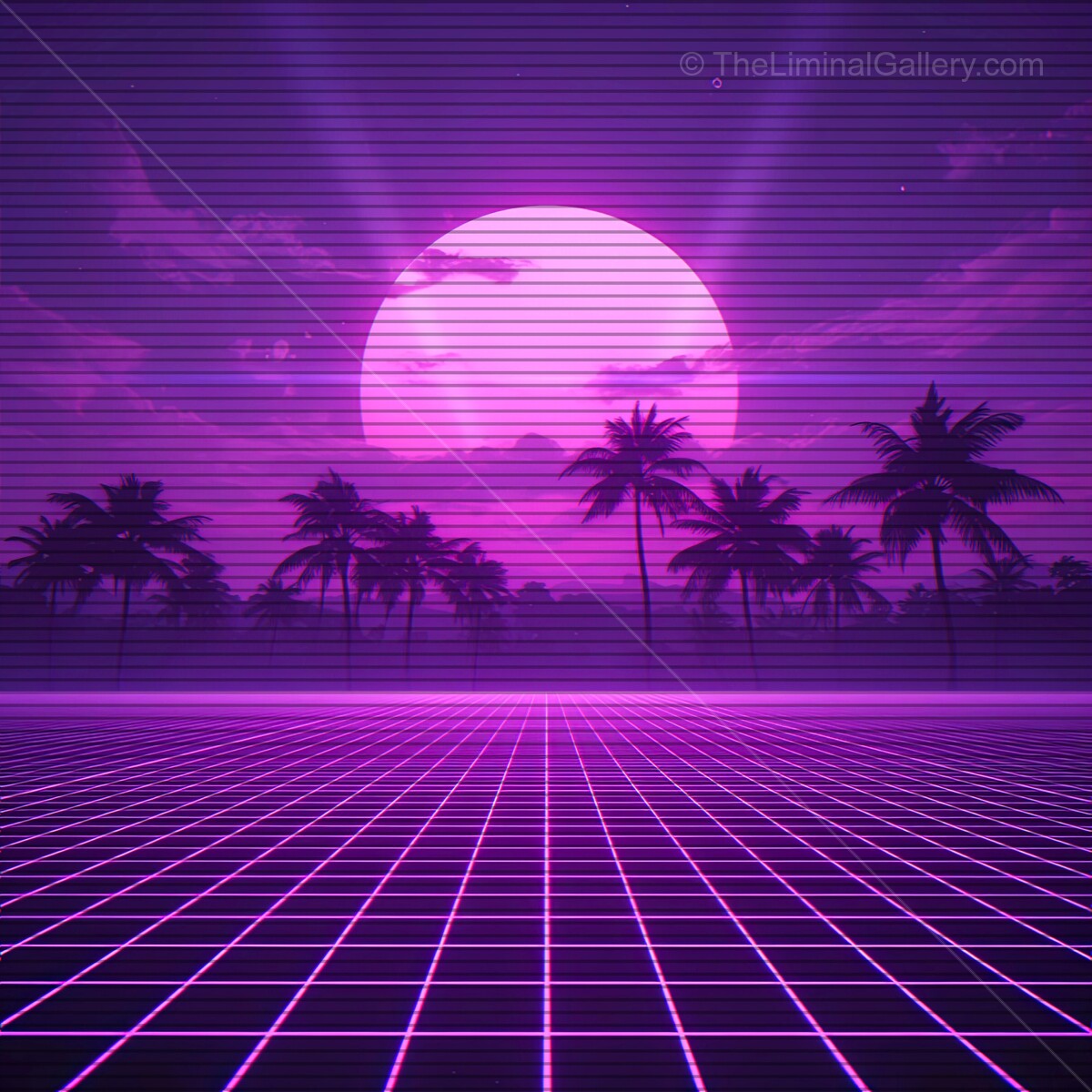 Vibrant synthwave landscape with neon tones and retro VHS lines under a glowing moonlit sky