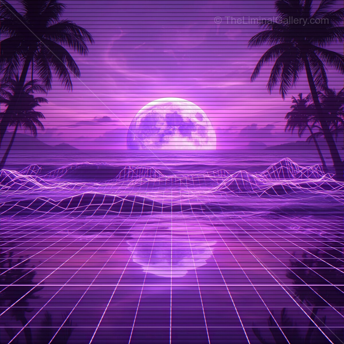 Vibrant synthwave horizon with glowing moon and palm trees under a purple sky