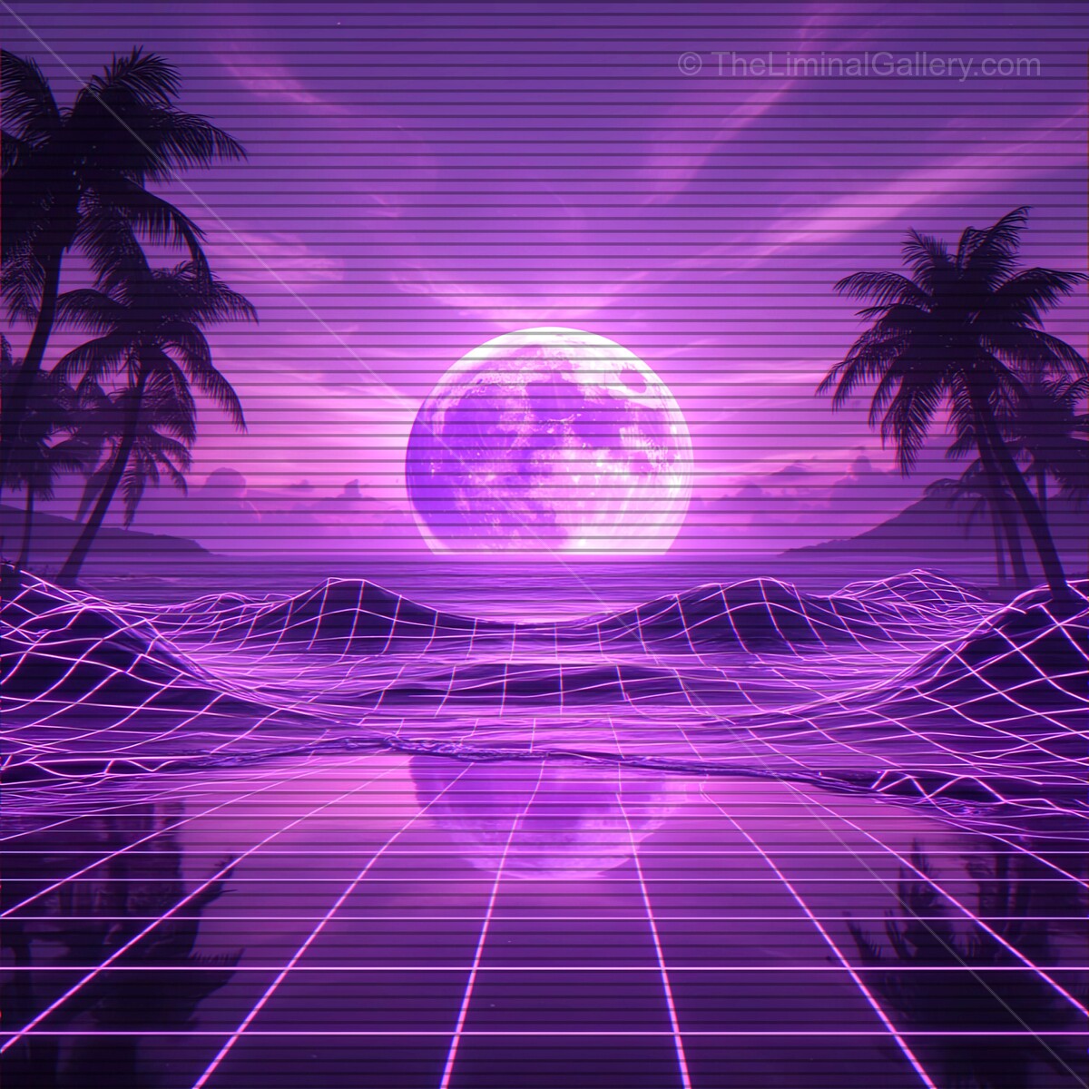 Vibrant synthwave landscape with purple moon and neon grids under a starry sky