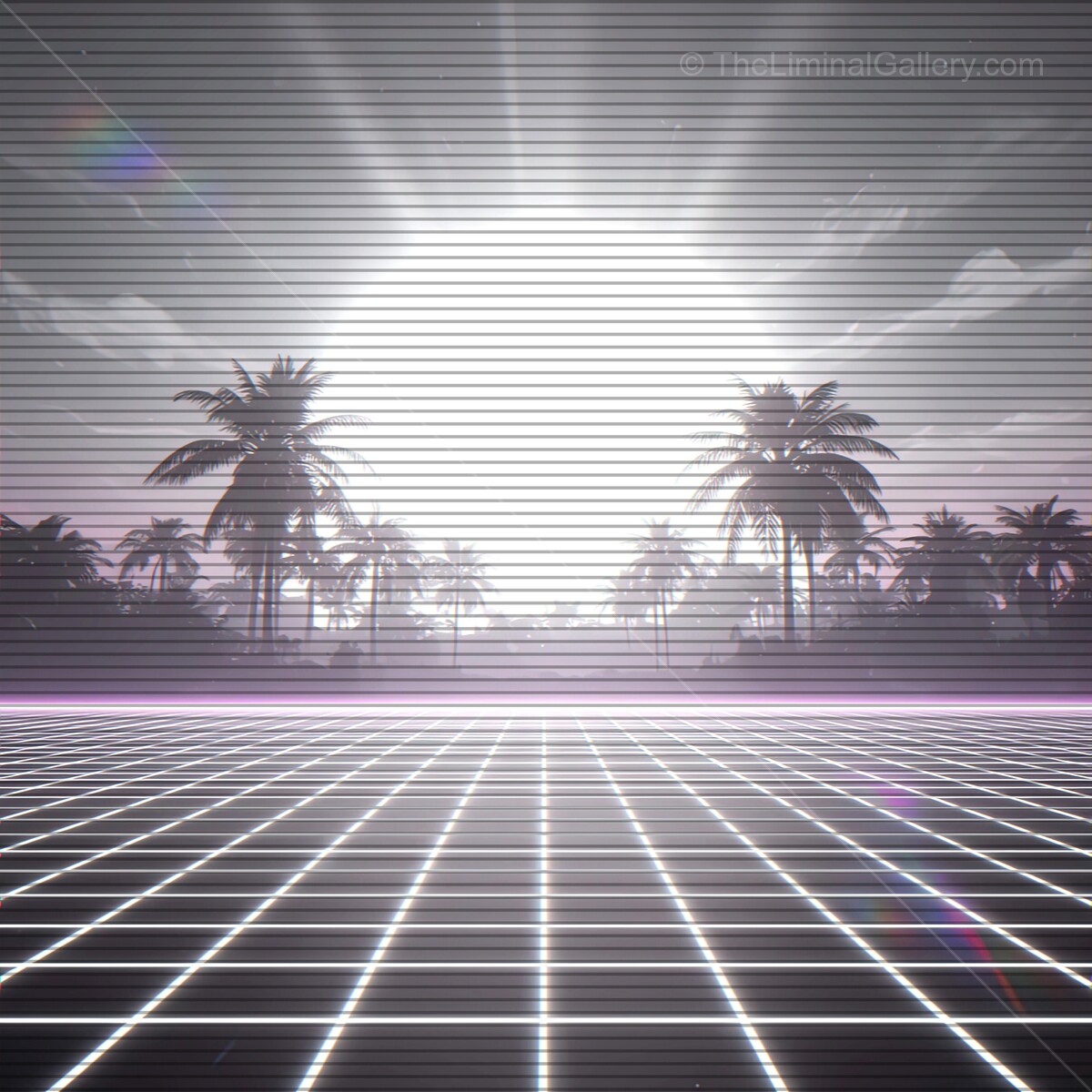 Vibrant synthwave landscape with vivid horizon and retro VHS lines evoking nostalgia