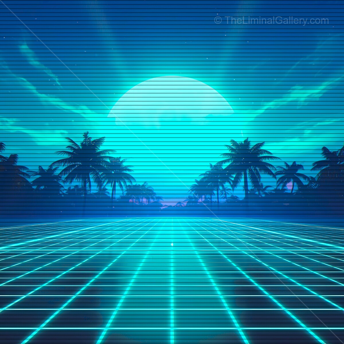 Ethereal sunset over a synthwave landscape with neon palm trees and VHS style grid lines