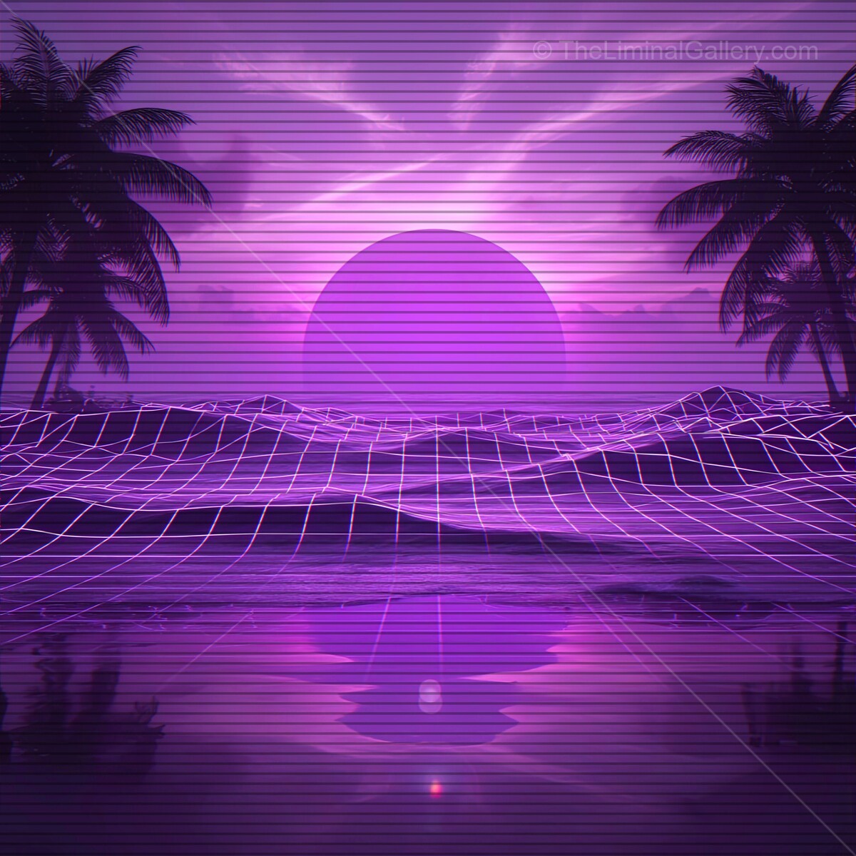 Vivid synthwave landscape with purple sunset and retro VHS lines over tranquil ocean waves