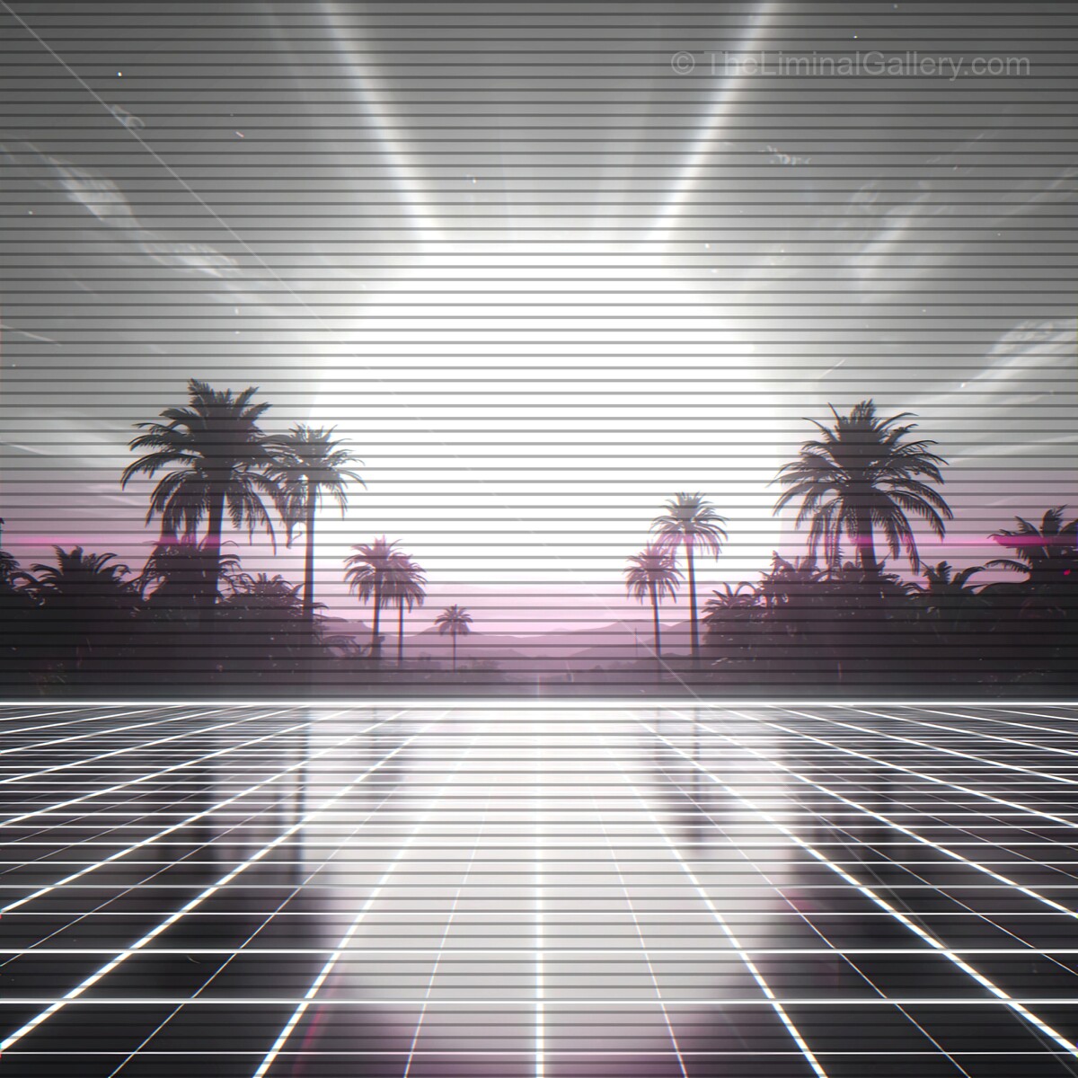 Sunkissed horizon glows with vibrant synthwave vibes and retro VHS lines in a paradise retreat